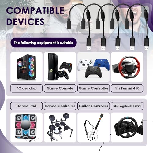 USB Breakaway Cable for Xbox 360, Rocksmith Real Tone Cable, Xbox Controller Cord, Xbox USB Adapter, Guitar Hero Dongle , Compatible with Logitech G920 G923 G27 & Thrustmaster 458 Spider Racing Wheel - size: 5-PACK