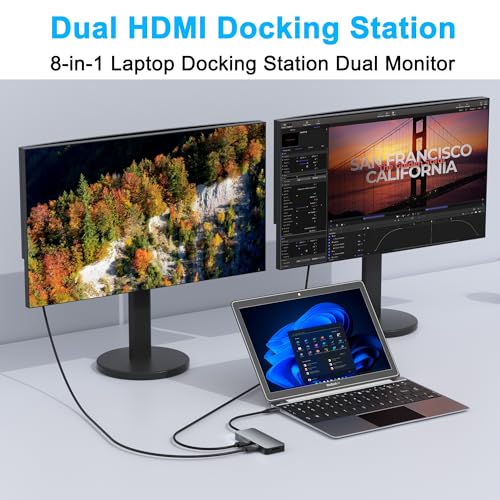 Dual HDMI Adapter for 2 Monitors, Laptop Docking Station Dual Monitor, HDMI Splitter for Dual Monitors, 4K@60hz Double Monitor Adapter, USB C Docking Station for Dell/HP/Mac Laptop - style: 8 IN 1 4K@60hz