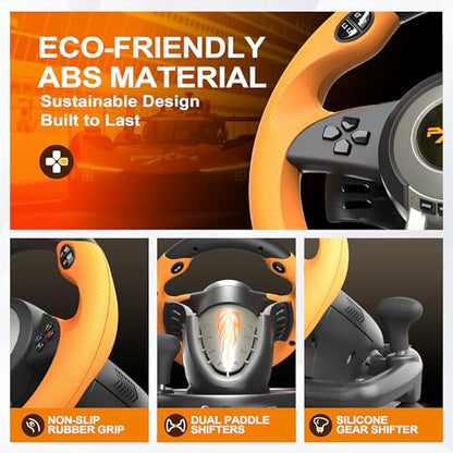 PXN V3 Pro Gaming Steering Wheel with Pedals | Dual Motor Vibration Feedback, Beginner Sim Racing Wheel for PC, PS4, Xbox Series S, Xbox Series X, Xbox One and Switch - color: Orange