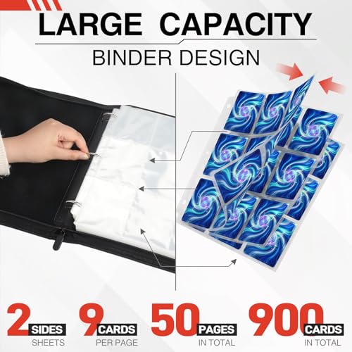 9 Pocket Trading Card Binder, 900 Cards Zip Album, Blue | 50 Pcs Double Sided Sleeves, 3 Rings, Card Organizer for Baseball, Football, Basketball, Sports, Game Cards - color: Blue