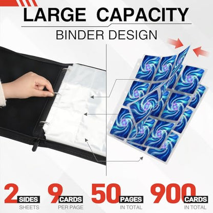 9 Pocket Trading Card Binder, 900 Cards Zip Album, Blue | 50 Pcs Double Sided Sleeves, 3 Rings, Card Organizer for Baseball, Football, Basketball, Sports, Game Cards - color: Blue