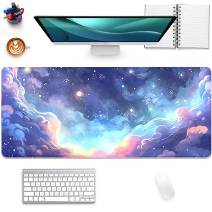 Stars Sky Dark Blue Cosmos Mouse Pad Desk Mat,Large Extended Gaming Mouse Pad with Stitched Edges,Non-Slip Waterproof Rubber Base for Office,Computer,Keyboard,Laptop and Home Desk Pad(27.5X11.8 in) - color: Blue Cloud