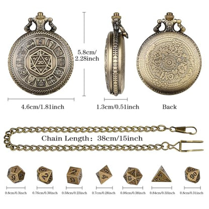 Keller & Weber Mini DND Dice Set, Center Number Dice Pocket Watch Case, 7 Piece Polyhedral Metal D&D Dice, DND Gifts with Gift Box, Role Playing Board Game Accessories, Bronze - color: Bronze