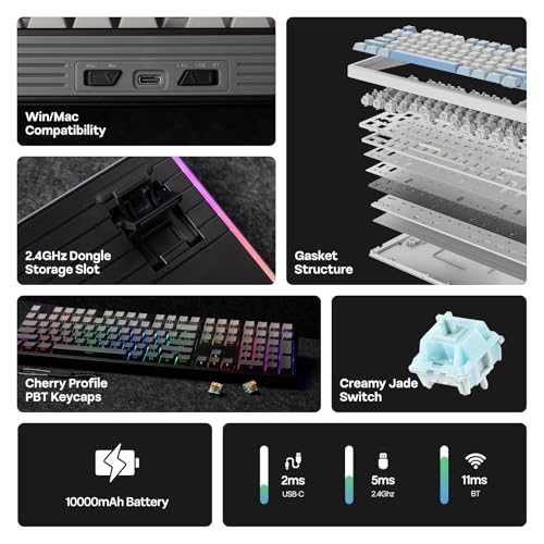 EPOMAKER TH108 Full Size Mechanical Keyboard, Wireless Gaming Keyboard with 8000mAh Battery, Creamy Gasket, 108 Keys, Hot Swap, Custom Driver, RGB Backlight (Black, Creamy Jade) - color: Black, size: Creamy Jade