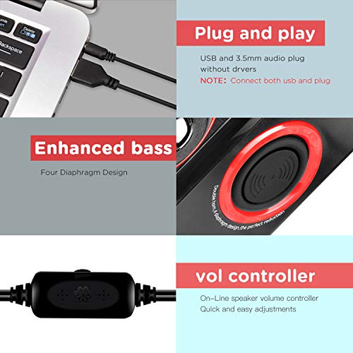 Computer Speakers, 2.0 CH PC Speakers with Surround Sound, USB Wired Laptop Speakers with Deep Bass for Desktop Computer/PC/Laptops/Smart Phone Build-in 4 Loudspeaker Diaphragm Reccazr SP2040|RED - color: Black & Red