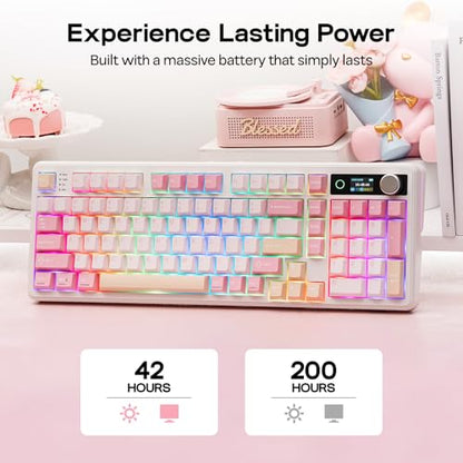 EPOMAKER TH99 PRO 96% Mechanical Keyboard with Screen & Knob, 10000mAh, 2.4Ghz/BT, Hot Swap, Custom Driver, RGB Backlight, PBT Keycap, Wireless Gaming Keyboard for PC/Mac (Pink, Creamy Jade) - color: Pink, size: Creamy Jade