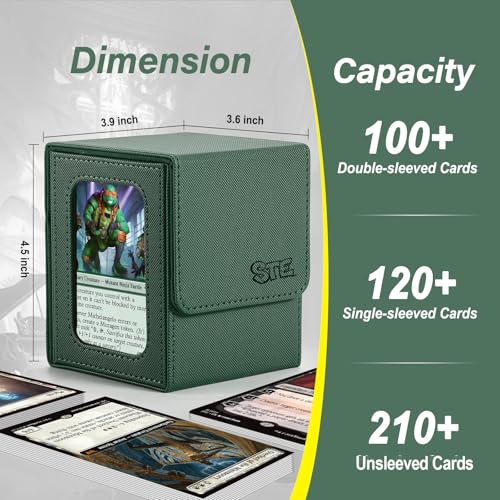 MTG Deck Box, Double Display Window MTG, Commander Deck Box Fits 120+ Single Sleeved Cards, PU Leather Magnetic Closure Card Box with 2 Dividers&2 Toploaders for TCG, CCG, Green - color: Green, size: 1 pack