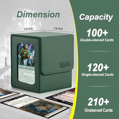 MTG Deck Box, Double Display Window MTG, Commander Deck Box Fits 120+ Single Sleeved Cards, PU Leather Magnetic Closure Card Box with 2 Dividers&2 Toploaders for TCG, CCG, Green - color: Green, size: 1 pack