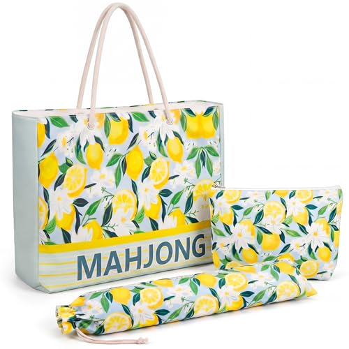 Soulchen 3 Pcs Empty Mahjong Bag Set American Mahjong Buckled and Zippered Carrying Bag with Handle, Tile case and Drawstring Protective Sleeve for Rack Game Travel Accessories Gift(Lemon) - style: Lemon