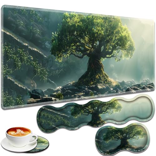 Large Gaming Mouse Pad + Keyboard Wrist Rest + Wrist Support + Coaster Set, Memory Foam Ergonomic for Easy Typing, XXL Extended Gaming Mouse Pad Table Pad - Tree of Life - color: Tree of Life