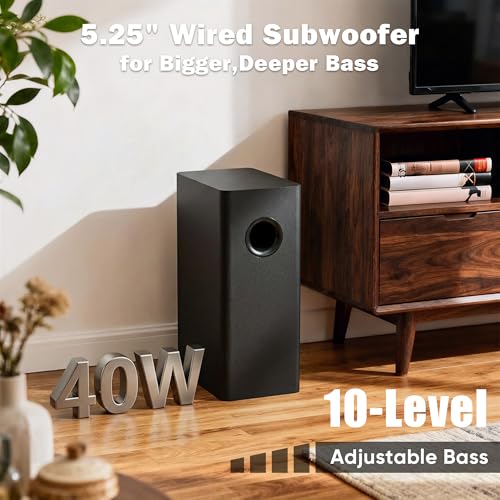 RIOWOIS 3.1ch Sound Bar with 5.25" Wired Subwoofer,Sound Bar for Smart TV | 100W Deep Bass,TV-ARC/Optical/Auxiliary /Bluetooth 5.3, Surround Sound System for TV/PC/Gaming/Projectors - size: 17-inch soundbar with 5.25-inch subwoofer