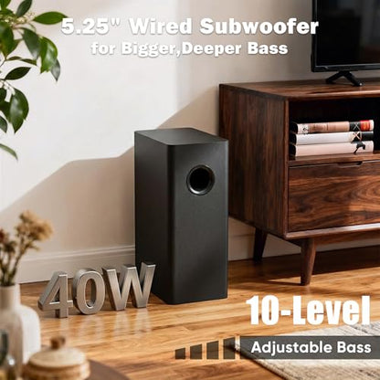 RIOWOIS 3.1ch Sound Bar with 5.25" Wired Subwoofer,Sound Bar for Smart TV | 100W Deep Bass,TV-ARC/Optical/Auxiliary /Bluetooth 5.3, Surround Sound System for TV/PC/Gaming/Projectors - size: 17-inch soundbar with 5.25-inch subwoofer