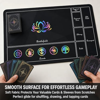 Holographic TCG Playmat Compatible with MTG - 24x14 Iridescent Rainbow Foil Card Game Mat, Borderless 5-Element Art, Stitched Edges & Anti-Slip Rubber Base for Tabletop Gaming (Basicland2) - color: Basicland2