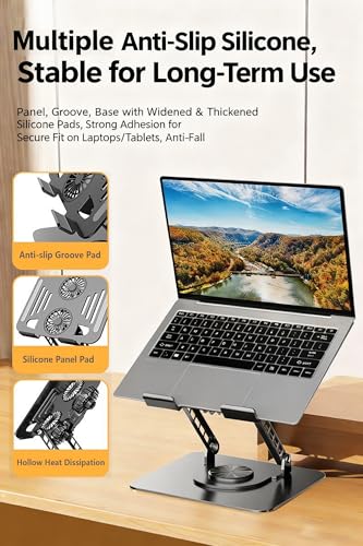 Laptop Stand for Desk with Quiet Cooling Fans - 360 Rotating Base Ergonomic Computer Stand, Aluminum Laptop Riser Foldable Protable for Office Home fits MacBook Air Pro, Dell, HP (10-17.3'') (silver) - color: silver