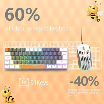 RK-T60 Wired 60% TKL Mechanical Gaming Keyboard Led Rainbow Backlight Ultra-Compact NKRO Linear Red Switch ABS Keycap RGB Honeycomb Mice Coiled Aviator Cable for Windows Laptop PS4/PC/WIN Gamer - color: Light Gray/Red Switch