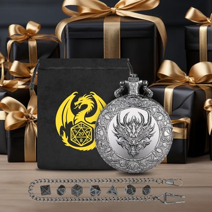 Mini DND Dice Set, with Steampunk Dragon Head Pocket Watch Shell Case, 7-Piece Polyhedral Metal D&D Dice, DND Gift Bag with Dragon Logo, MTG, Role Play Board Game Accessories, Dark Silver