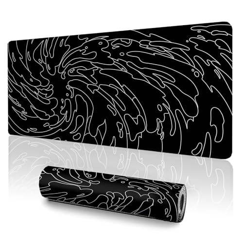 Gaming Mouse Pad L (31.5x11.8in) - Black Abstract Line Art Waves, Dark Japanese Doodle Design - Desk Mat for Gamers - color: Black Ink Waves, size: 11.8x31.5''