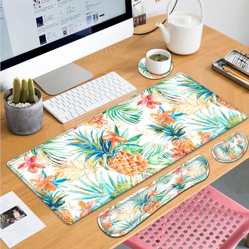 Large Gaming Mouse Pad+ Keyboard Wrist Rest Set, Ergonomics Memory Foam Mouse Mat Wrist Rest Support for Home Office, Waterproof Extended Mousepad 31.5x11.8in, Pineapple Leaf White Desk Pad - color: Yvb-mousepad-9-f-155