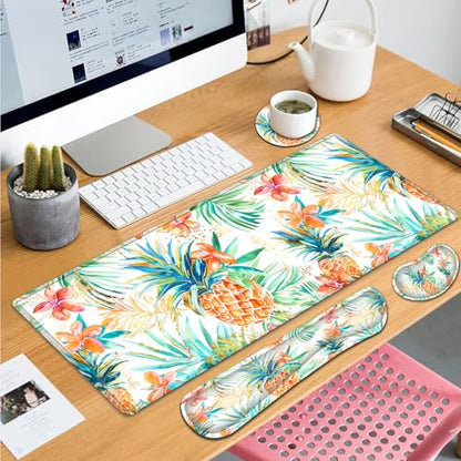 Large Gaming Mouse Pad+ Keyboard Wrist Rest Set, Ergonomics Memory Foam Mouse Mat Wrist Rest Support for Home Office, Waterproof Extended Mousepad 31.5x11.8in, Pineapple Leaf White Desk Pad - color: Yvb-mousepad-9-f-155