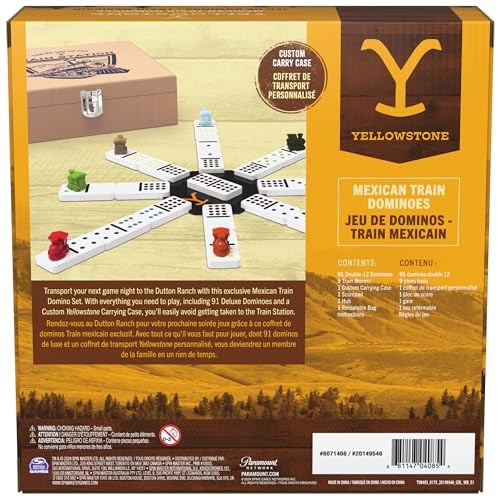 Spin Master Games Yellowstone Mexican Train Dominoes Classic Game | Fun Family Game, Yellowstone Themed Trains, Includes 91 Double-12 Dominoes & Wood Storage Case, 2-8 Players, Ages 8+