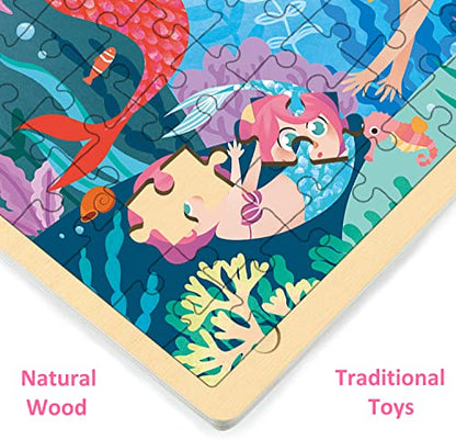 100 Piece Puzzles for Kids Ages 4-8, Wooden Puzzles for Kids Ages 3-5 with Unique Puzzle Pieces, Jigsaw Toddler Puzzle with Storage Tray Fun Mermaid - style: 100 Piece