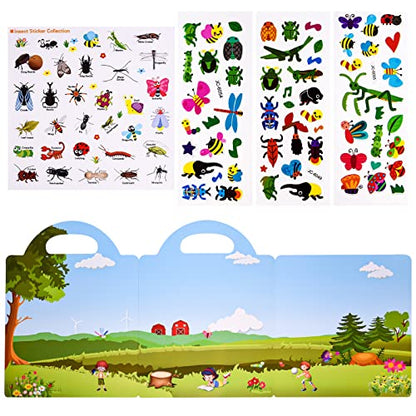 ASTARON Reusable Sticker Book for Toddlers, 88 Pcs Insect Stickers Road Trip Activities Car Airplane Activities Travel Toys for Kids, Kids Quiet Time Activities (2-6 Age) - style: Insects