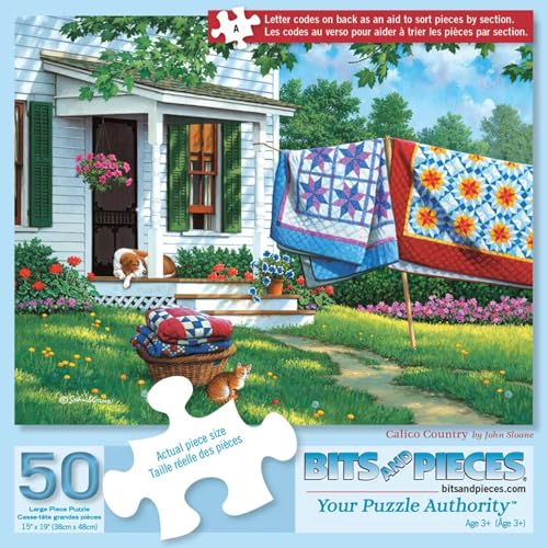 Bits and Pieces 50 Piece Puzzles for Adults - Calico Country - 50 Extra Large Pieces 15" x 19" Jigsaw Puzzles, Quilts Farm Spring, No 2 Pieces Alike - size: 50 Piece Puzzle