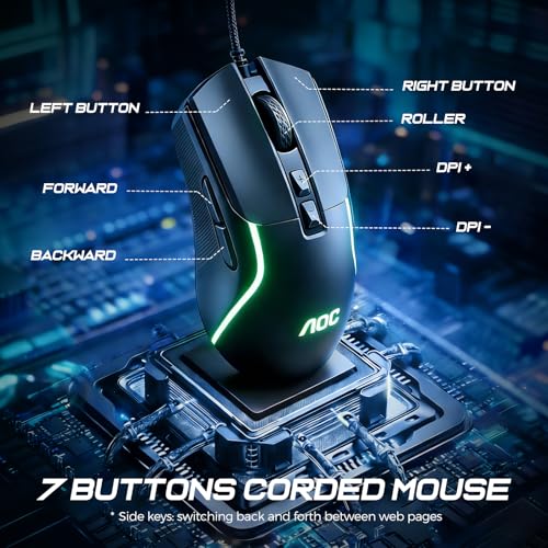 AOC Wired Gaming Mouse, 7200DPI RGB Ergonomic Computer Mouse with Optical Sensor Game Corded Mouse, 7 Programmable Buttons, USB Gaming Mice for Laptop, PC GM170
