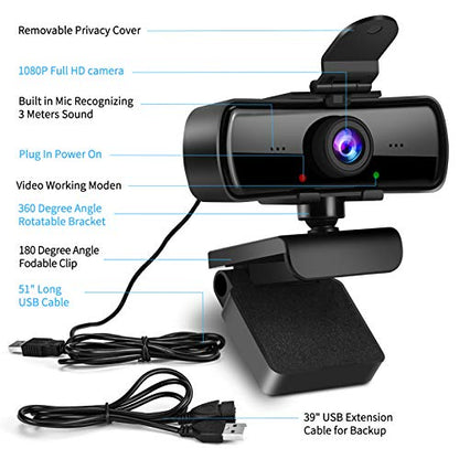 1080P HD Webcam with Microphone and Privacy Cover, USB Plug & Play Computer Camera, 120° Wide Angle Fixed Focus Web Camera for Video Conferencing, Online Learning, Streaming and Gaming