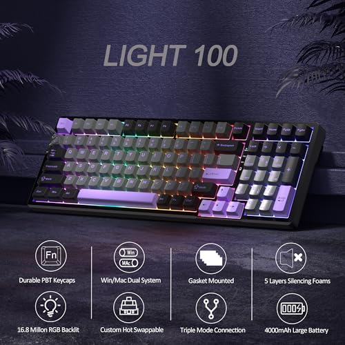 MageGee LIGHT100 Wireless Creamy Keyboard, Gasket Structure Hot Swappable, Tri-Mode 2.4G/USB-C/BT5.0 RGB Backlit Mechanical Gaming Keyboard for Win/Mac/PC, PBT Keycap, 4000mAh Battery, Purple - color: Purple Black/Blue Whale Switch