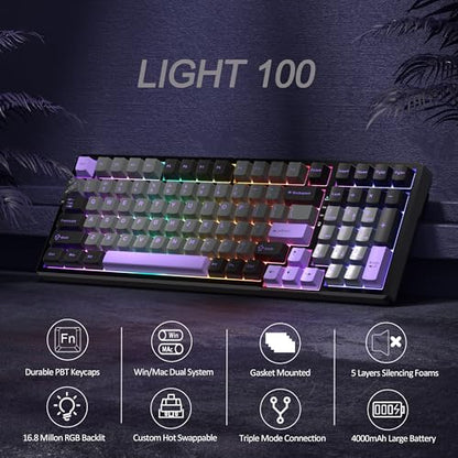MageGee LIGHT100 Wireless Creamy Keyboard, Gasket Structure Hot Swappable, Tri-Mode 2.4G/USB-C/BT5.0 RGB Backlit Mechanical Gaming Keyboard for Win/Mac/PC, PBT Keycap, 4000mAh Battery, Purple - color: Purple Black/Blue Whale Switch