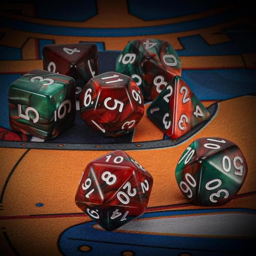 QMAY DND Dice Set - Polyhedral Dice (Red Mix Green) 7 Pcs for Dungeon and Dragons D&D RPG Role Playing Games Dice with Dice Bag - color: Red and Green