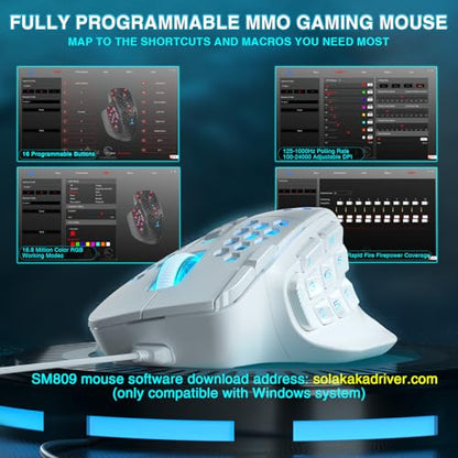 SOLAKAKA SM809 Wired MMO Gaming Mouse,24000 DPI,16 Programmable,RGB PC Gaming Mice,Black