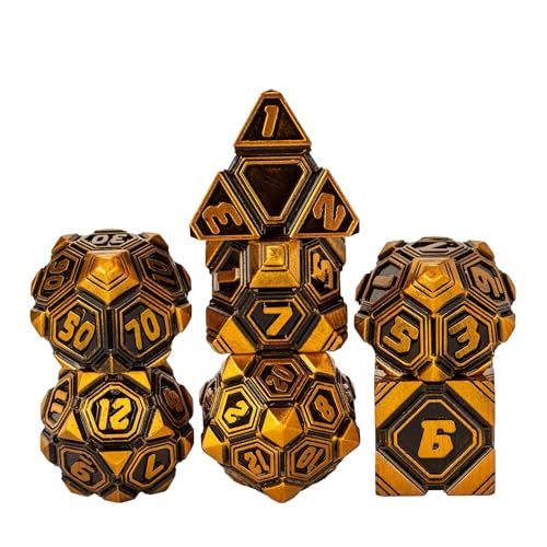Metal UFO Dice Set, 7 Die Metal Polyhedral Dice Set for DND Dungeons and Dragons Role Playing Games,with Skull Bag.(Ancient Gold) - color: Ancient Gold
