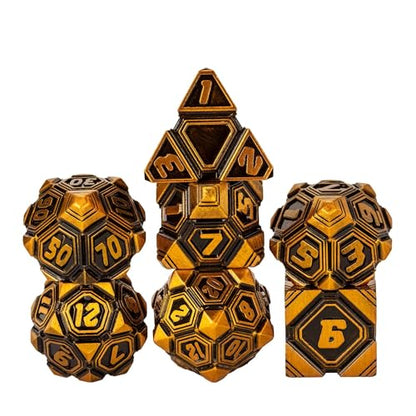 Metal UFO Dice Set, 7 Die Metal Polyhedral Dice Set for DND Dungeons and Dragons Role Playing Games,with Skull Bag.(Ancient Gold) - color: Ancient Gold