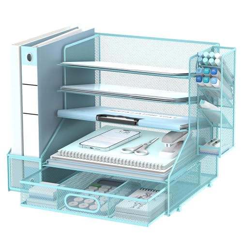 Desk Organizer with 5 Tier File Holder and Sliding Drawer Pen Holder Black | Paper Letter Tray with 3 Tilted File Sorters to Keep Desk Accessories and Office Supplies within Reach - color: Blue