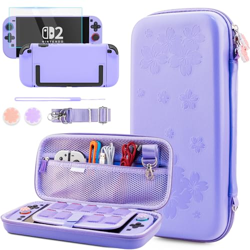 GLDRAM Purple Cherry Blossom Carrying Case for Nintendo Switch 2, Cute Girly Accessories with Sakura Travel Storage Bag, Hardshell Protective Cover, Screen Protector, Shoulder Wrist Strap & Thumb Caps - color: Purple