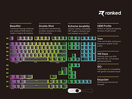 Ranked Pudding v2 PBT Keycaps | 145 Double Shot Translucent ANSI US & ISO Layout | OEM Profile for Full Size, TKL, 75%, 65% and 60% RGB Mechanical Gaming Keyboard (Black) - color: Black