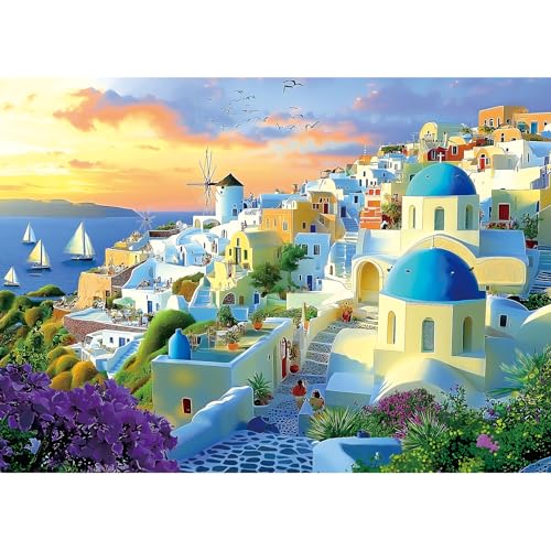 1000 Piece Adult Jigsaw Puzzle Santorini Greece Sunset Beautiful Blue Domed Churches Aegean Sea Village Landscape Puzzle with Letters on Back for Adults Seniors Game Night - color: Colorful-beautiful Blue Domed Churches