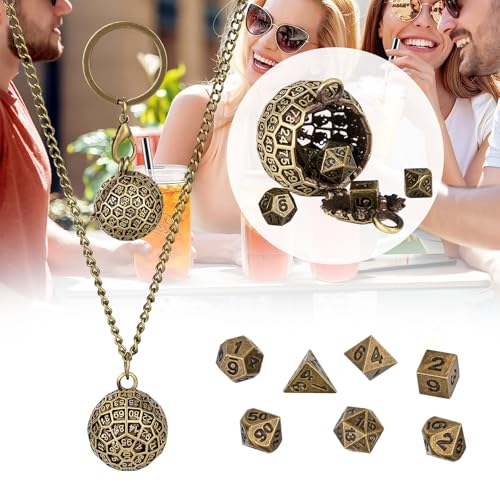 Mini DND Dice Set with Spherical 100-Sides Metal Cage Portable Keychain Necklace, Tiny 7pcs Polyhedral D&D Dice Set, DND Gifts with Gift Box, D&D Accessories for RPG, Bronze