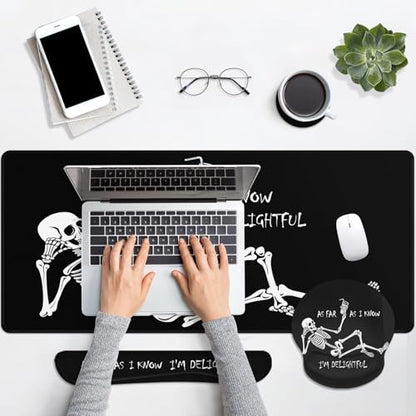 Britimes Black Skull Skeleton Keyboard Mouse Pad Set 4in1 Large Mousepad+Keyboard Wrist Rest+Mouse Wrist Rest+Coaster Set with Ergonomic Design for Home Office Computer 35.4x15.7 inches - color: Black Skull Skeleton