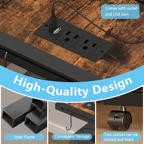 Computer Tower Stand with LED Light Strip,Mobile Rolling | CPU Holder,Height Adjustable PC Tower Stand with Charging Station for Office Home (Rustic Brown) - color: Rustic Brown, size: 19.29'' × 11.42'