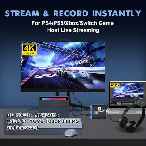 USB Capture Card for Streaming, YUY2 1080P 60FPS for Switch/PS5/Xbox/DSLR | 4K HDMI Pass-Through, 3.5mm Mic-in, Plug & Play No Drivers, for OBS Twitch YouTube, Windows/Mac Compatible - color: Blue