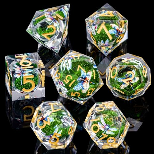 DND Dragonfly Dice 7PCS Polyhedral Sharp Edge Dice Set with Gift Case for Dungeons Dragons Role Playing Game, RPG Resin D and D Dice D6 D8 D10 D12 D20 D% (Gold Green) - color: Qt-gold Green