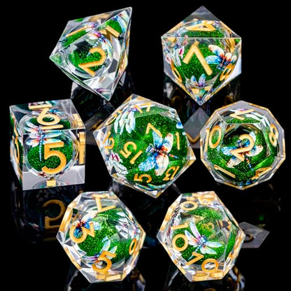 DND Dragonfly Dice 7PCS Polyhedral Sharp Edge Dice Set with Gift Case for Dungeons Dragons Role Playing Game, RPG Resin D and D Dice D6 D8 D10 D12 D20 D% (Gold Green) - color: Qt-gold Green