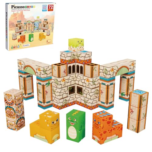 PicassoTiles Magnet Cube Prehistoric World Themed Mix and Match Building Block Construction Toy with 4 Magnetic Cubed Dinosaur Character Action Figures STEM Education Sensory Pretend Play Age 3+ PMC04 - color: Prehistoric World Themed