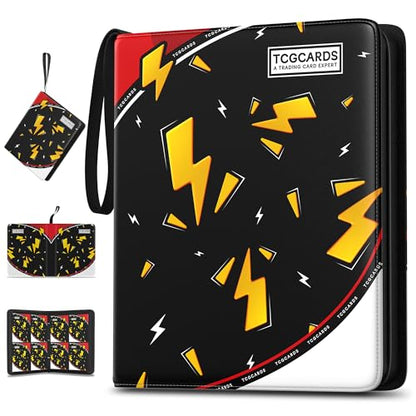 Trading Card Binder 4 Pocket,400 Pocket Card Collection Binder with 50 Removable Sleeves,PU Waterproof Top Card Book,3-Ring Zipper Collectible Trading Card Album for MTG/TCG/Card Holder Gift(Black) - color: Black, size: Small