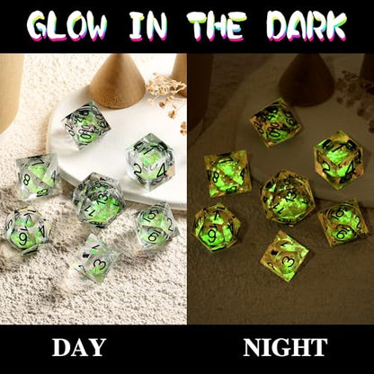 DNDND Luminous Liquid Sharp-Edge Dice Set 7PCS - Clear Resin Polyhedral Dice with Glow-in-the-Dark Green Liquid Orb & Glitter for D&D RPG Table Games （Glow Green - color: Glow Green