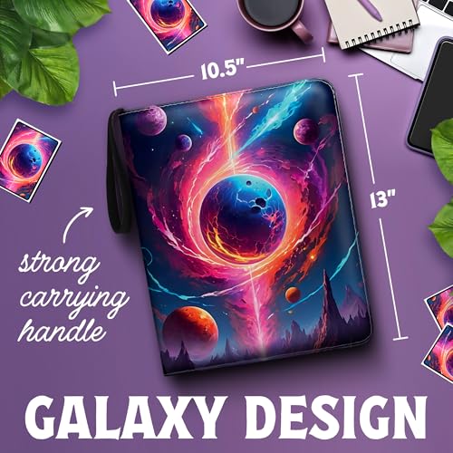 Premium Sports Card Trading Binder, Galaxy Design with Planets, Mountains & Fire, PU Leather, 900 Card Capacity, 50 Double Sided 9 Pocket Sleeves, 3 Ring Metal Binder, Zipper & Handle