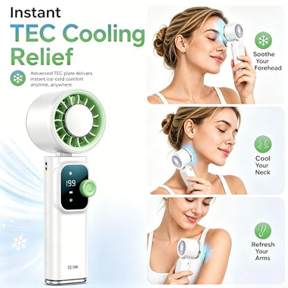 Portable Handheld Fan with Ice Cooling Personal Rechargeable Mini Neck Fan | 20000RPM,199-Speed 4000mAh Battery Powered up to 15hrs with LED Display for Travel, Camping & Outdoor, White - color: White-Green